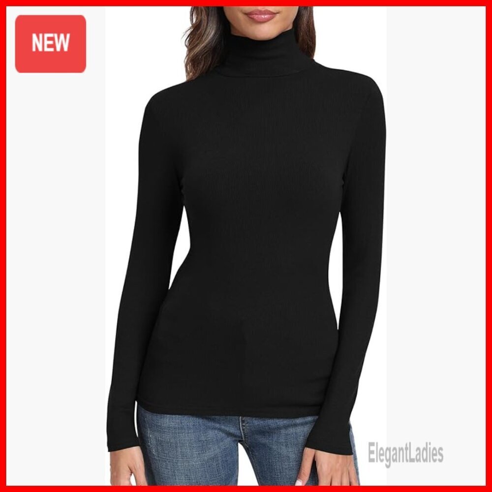 Long Sleeve Turtle Neck Ribbed Knit Top Slim Fitted Thermal Shirt